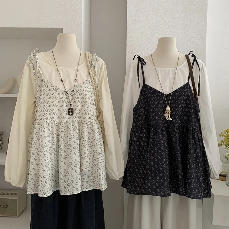 

2025 Round Neck Long-sleeved Solid Color One-button Shirt + Floral Suspender Top Two-piece Set Small Fresh Women