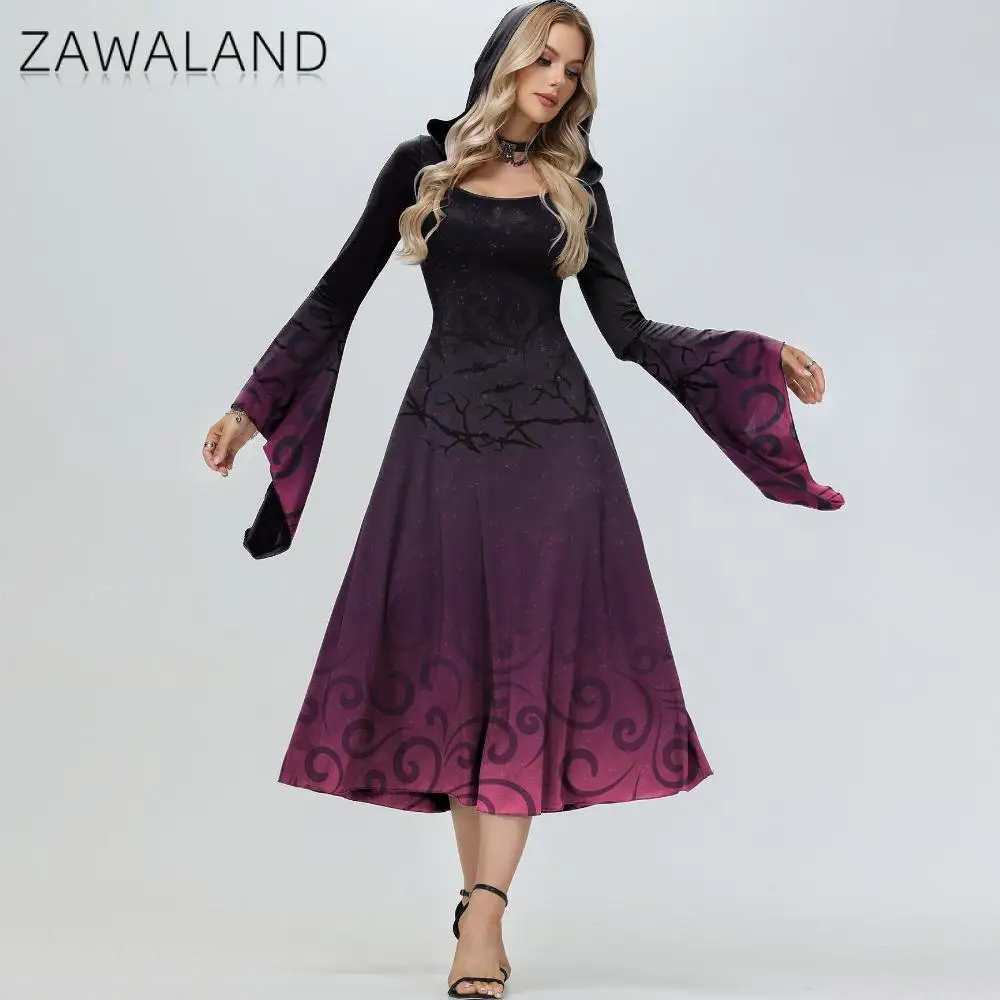 

Zawaland Halloween Witch Hood Costume Dress for Women Clothing Cosplay Costumes Flare Sleeve Vintage Outfit Party Clothes