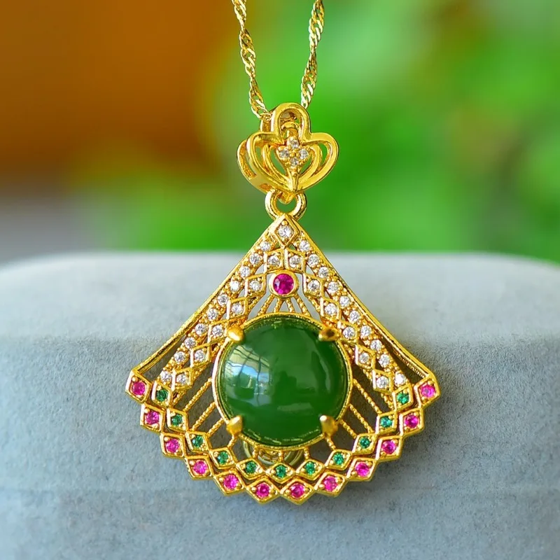 Copper Inlaid Hetian Jade Jasper Duobao Jade Fan Fashion Pendant Niche Light Luxury Women's Models