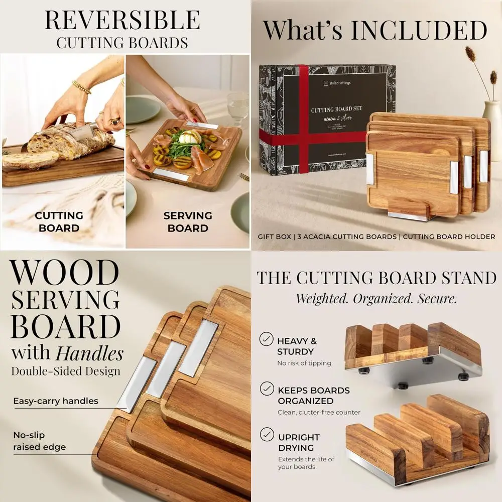 

4-Piece Reversible Wooden Cutting Board Set with Stand and Silver Handles – Stylish Kitchen Gift