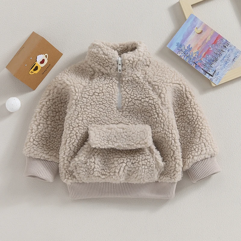 Lioraitiin 3M-3Y Toddler Baby Girls Boys Coat Long Sleeve Stand Collar Sweatshirt Solid Winter Warm Jacket with Pocket