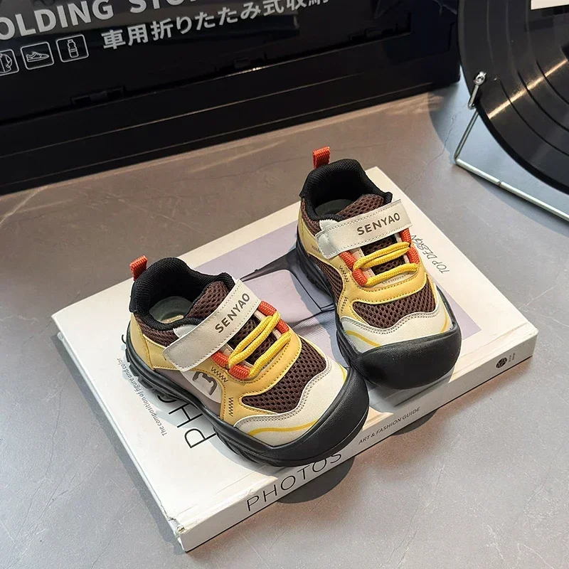 Kids Outdoor Hiking‑Style Sneakers Breathable PU Spliced Hook and Loop Anti‑Collision Toe Non‑Slip Sole Boys Girls Walking Shoes