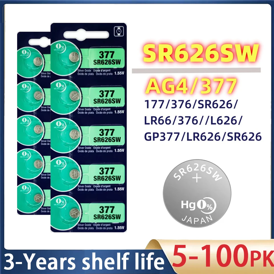 5-100PK for SONY 1.55V AG4 377 Button Battery SR626SW SR626 177 626A 376 LR626 Coin Cell Alkaline Battery for Toys Watch Clock