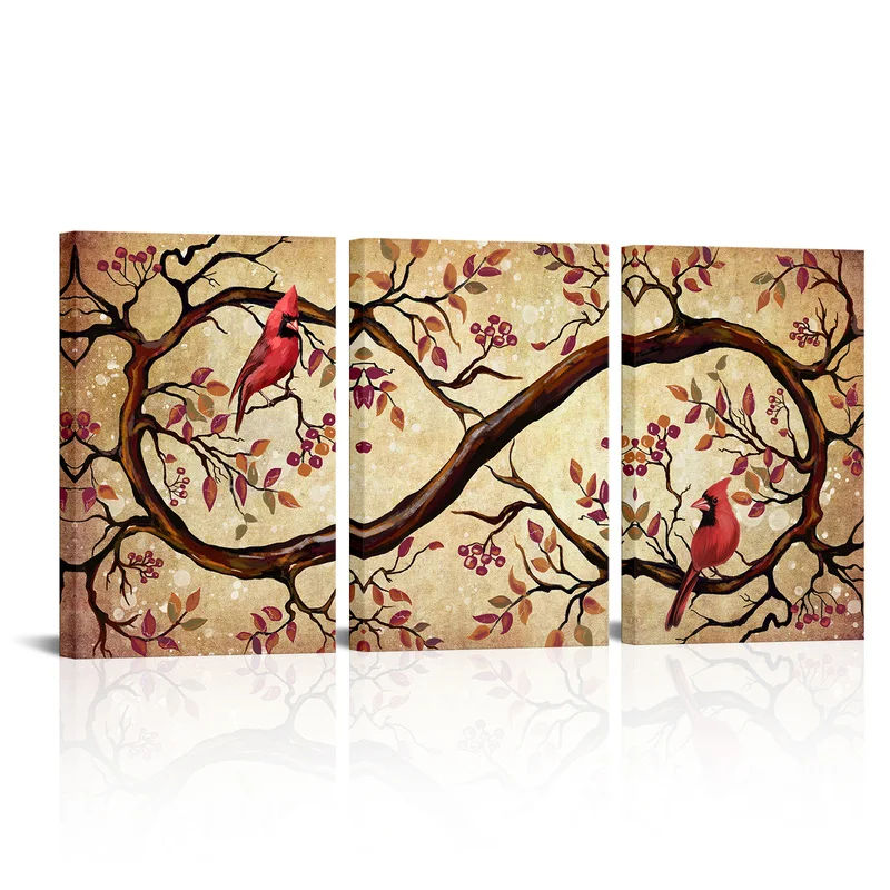 

3 Pieces Cardinals on The Tree Posters Wall Art Abstract Birds Print Canvas Art Modern Style Picture Living Room Home Decor