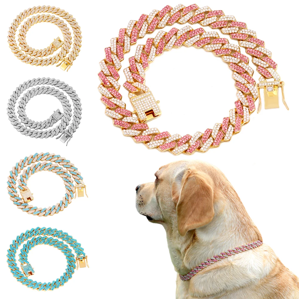 Dog Chain Diamond Cuban Link Chain With Design Secure Buckle Pet Cat Dogs Collar Necklaces Pet Items Accessories Dropshipping