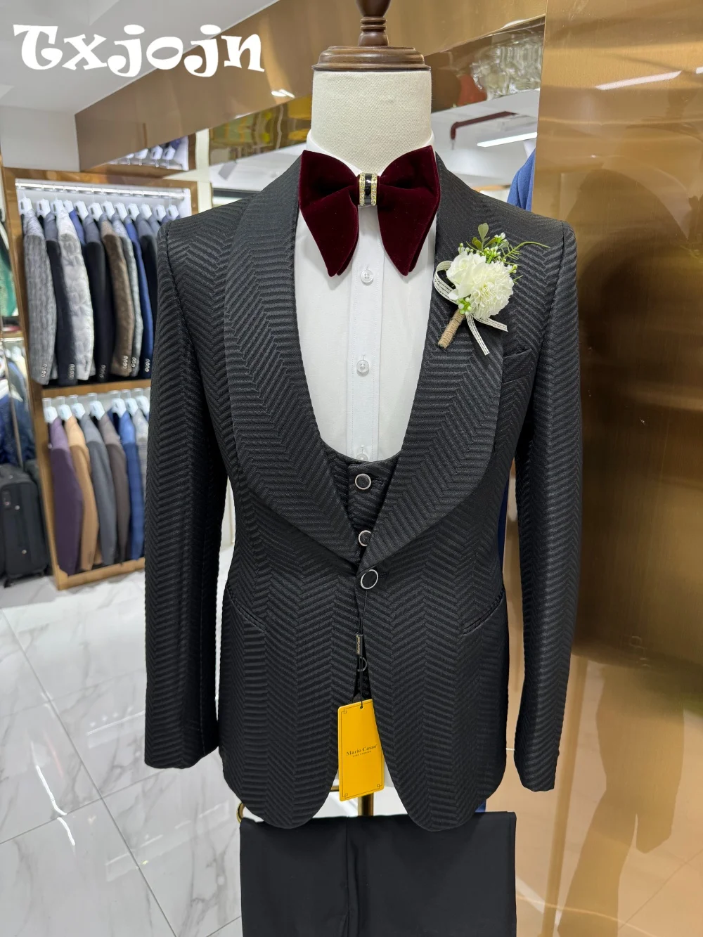 

Fashionable Jacquard Men Suit Set Wedding Formal Single Breasted Men Office Suit Formal Peak Lapel For Banquet Suit Customized