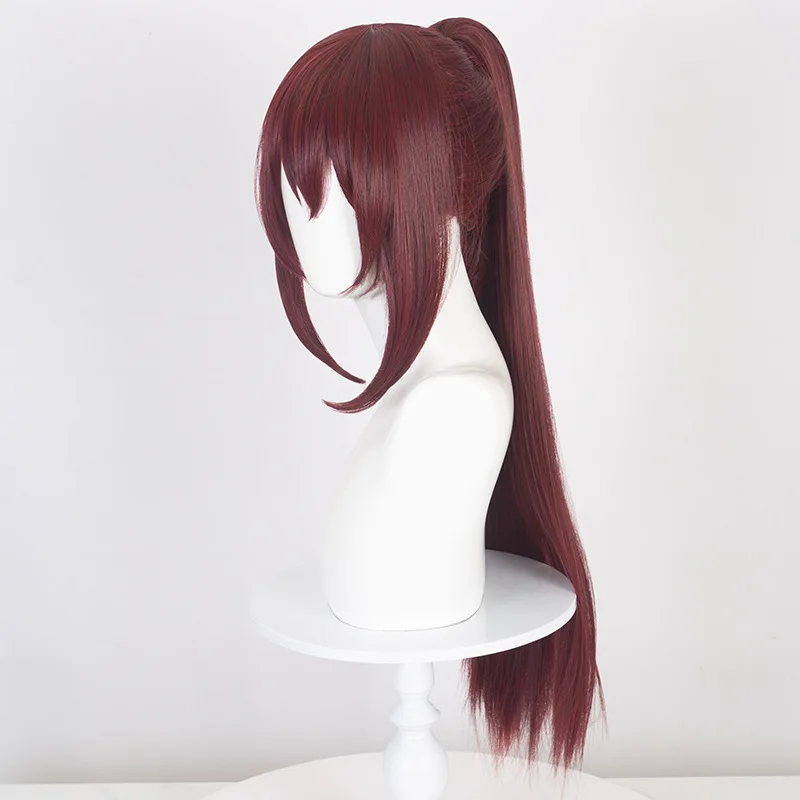 마법소녀 마도카 마기카의 호무라 아케미의 짙은 빨간색 가발 코스프레는 헤어 클립으로 고정된 단일 포니테일을 가지고 있습니다.