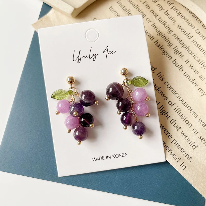 Handmade Purple Crystal Grape Dangle Earrings for Women Girl Small Sweet Fruit Gold Earrings Fashion Jewelry Accessories