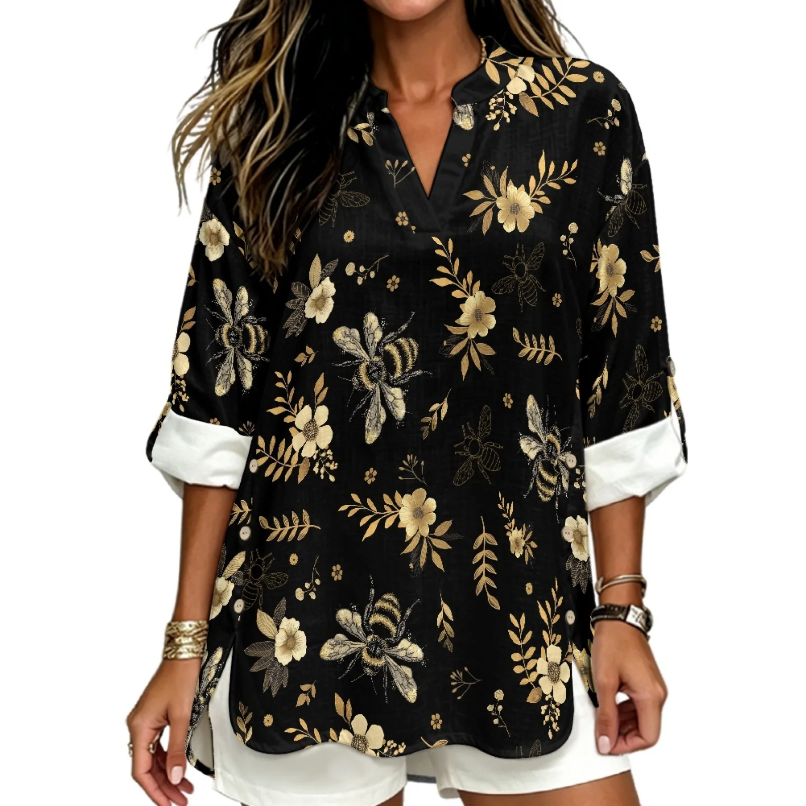 PENSTROLL Golden Bee Floral Print Linen Style Loose Layering Top Roll up Long Sleeve Blouse Sizes S-5XL for Fall Beach Walks