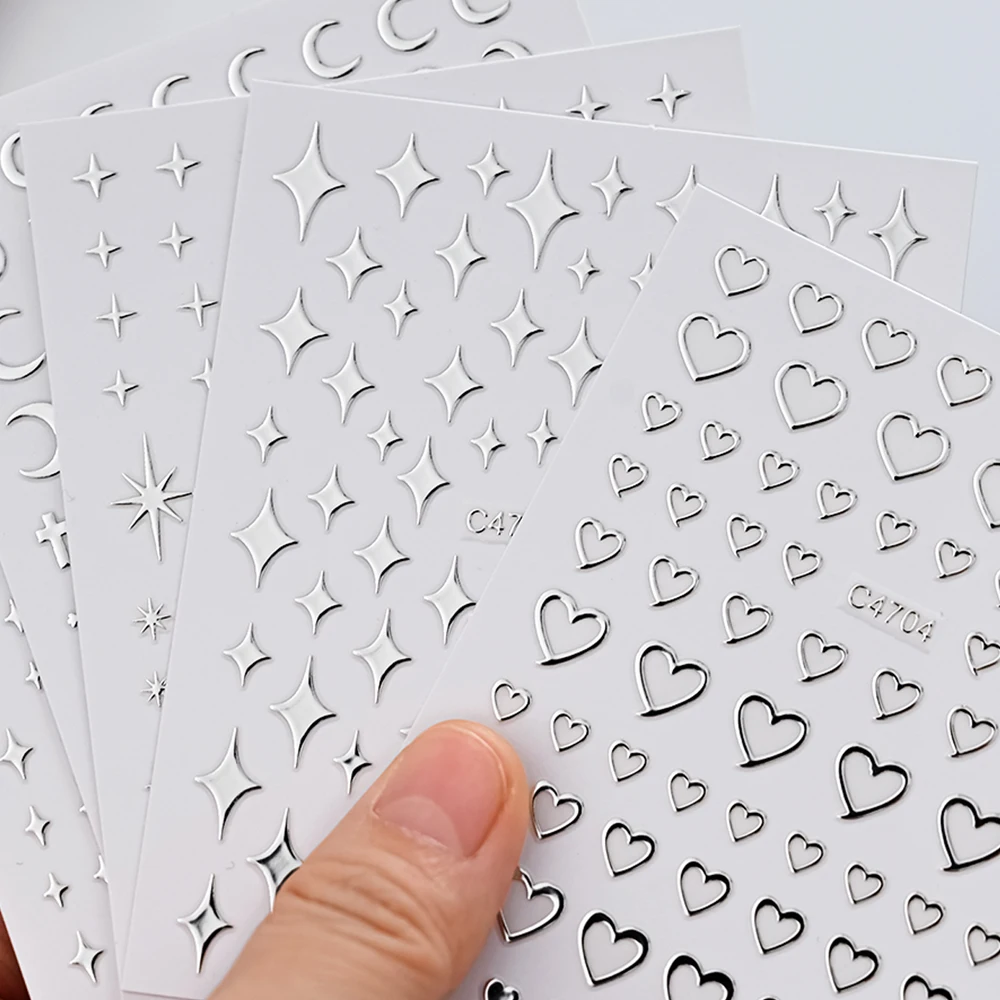 Autocollant pour ongles, miroir métallique argenté, étoile, lune, 3D, amour, cœur, croix, lumière des étoiles, décalcomanies adhésives Y2K, curseur de manucure, 6 pièces