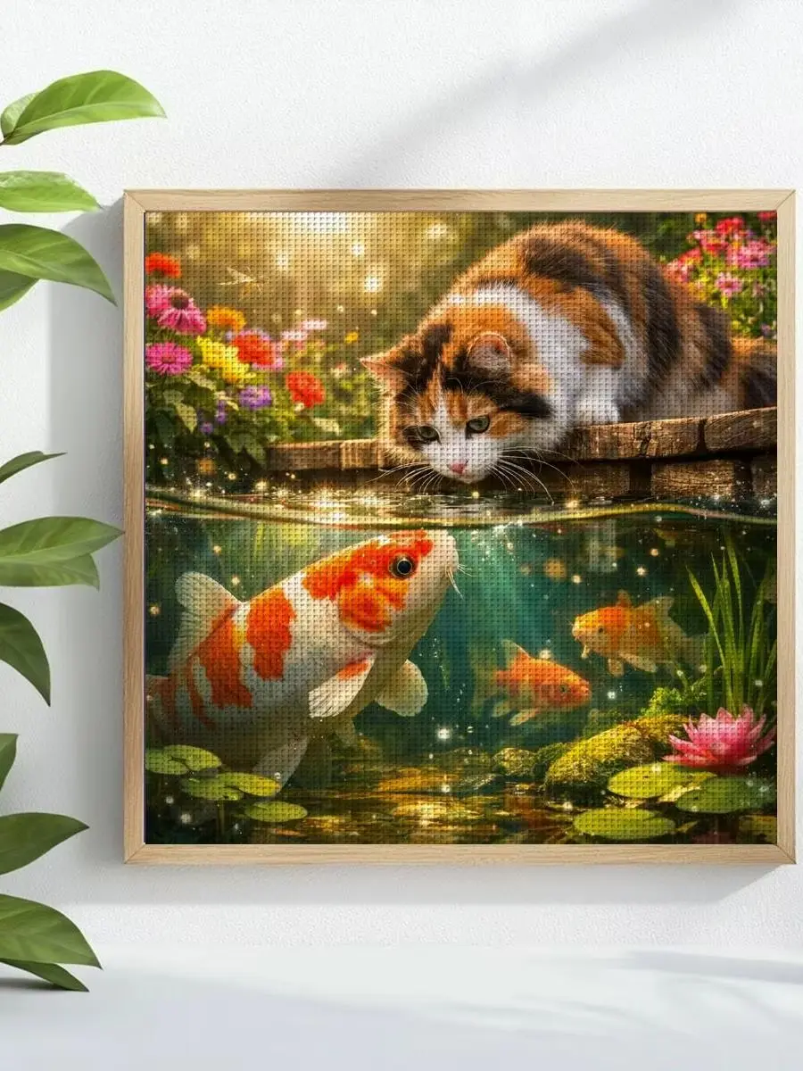 1 Stück 30x30 cm/11,8 Zoll Koi- und Katzen-Motiv Kreuzstich-Set DIY-Kit 11/14/16CT DIY-Stickset Kreuzstich-Set – Detail 1