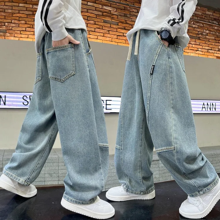

New Spring Children Solid Color Jeans Big Boys' Fashionable Wide Leg Pants Hip Hop Pants Teenager Kids Outerwear Pants 4-14Years