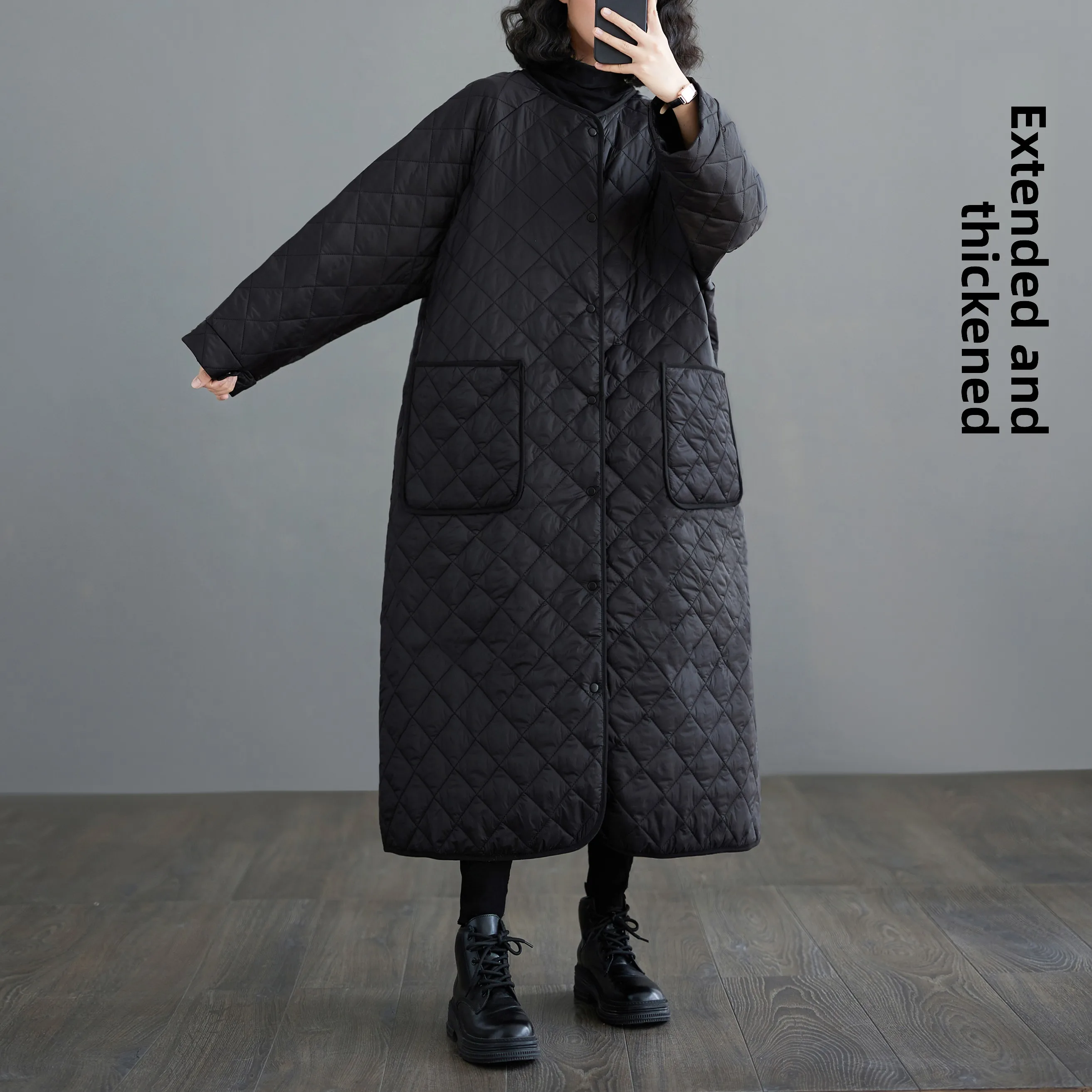 

Loose plus Size Women's Casual Jaet Thiened Cotton Quilted Long Diamond Patterned Autumn Winter Coat Vintage Sle round ...