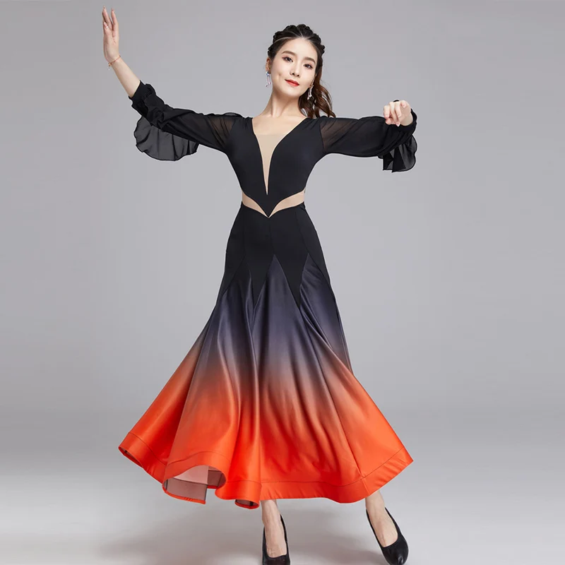 

Ballroom Dance Performance Costume Lantern Sleeve Gradient Dress Women Tango Competition Wear Waltz Practice Clothes VDB5238