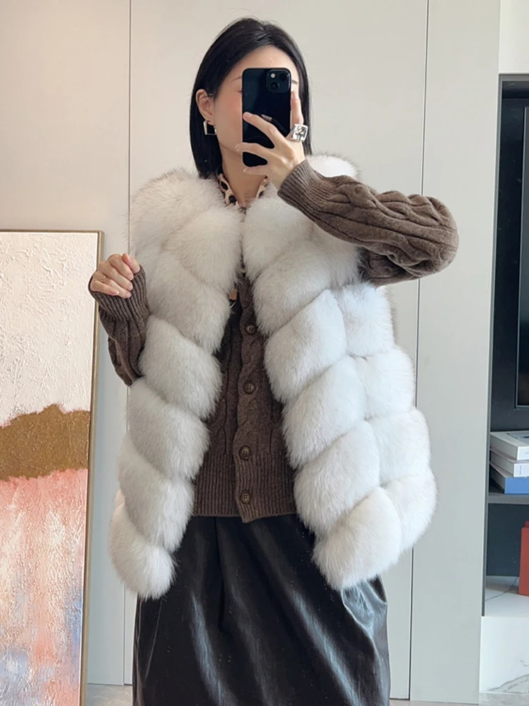 2025 New Autumn Winter Women's Natural Fox Fur Vest Thick Mid Length Real Fur Waistcoat Luxury Female Jacket