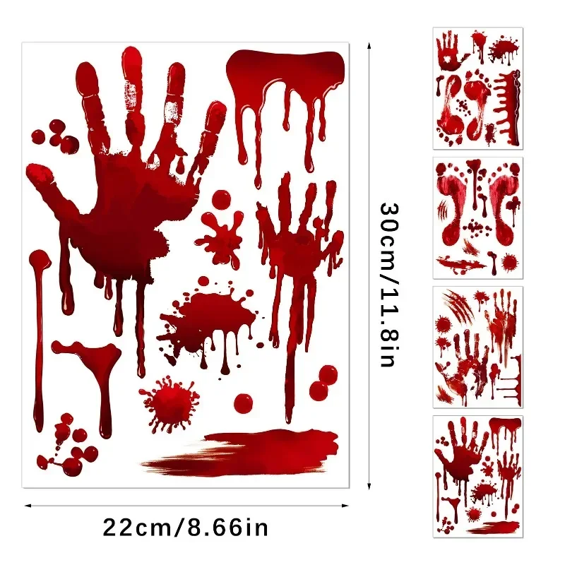 4Pcs/set Halloween Blood Hands Blood Footprints Wall Sticker Decoration Horror Haunted House Wall Sticker  Window Tape Sticker