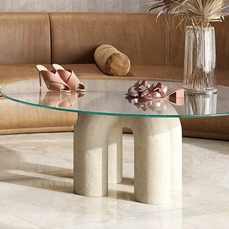 

⁕rMinimalist Arch Shaped FRP Coffee Table Fiberglass Material Clear Glass Top Curved Base Ideal for Living Room Studio