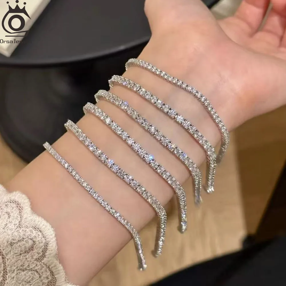 

ORSA JEWELS 2mm/3mm/4mm Real White Tennis Bracelet for Women Lab Diamond Bangle with 925 Sterling Silver Fine Jewelry Gift SB128