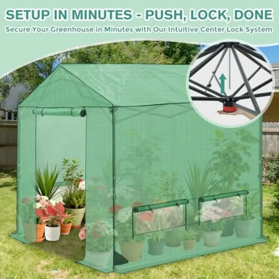 Pop Up Greenhouse Outdoor, Walk in Garden Greenhouse with Power Access Openings, Zippered Doors and Windows, PE Cover, Green