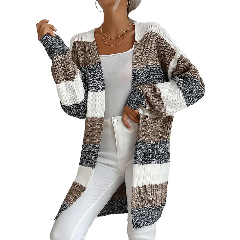 

Lightweight Polyester Jacket Colorblock Knitted Sweater Coat Warm Stylish Women's Fall/winter Outerwear with High Elasticity