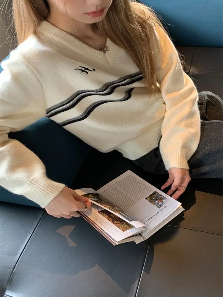 Sweater Loose Fashion Lazy Style Retro Stripe V-Neck Long Sleeve Knitted Shirt Women'S Ins Trend Autumn Winter