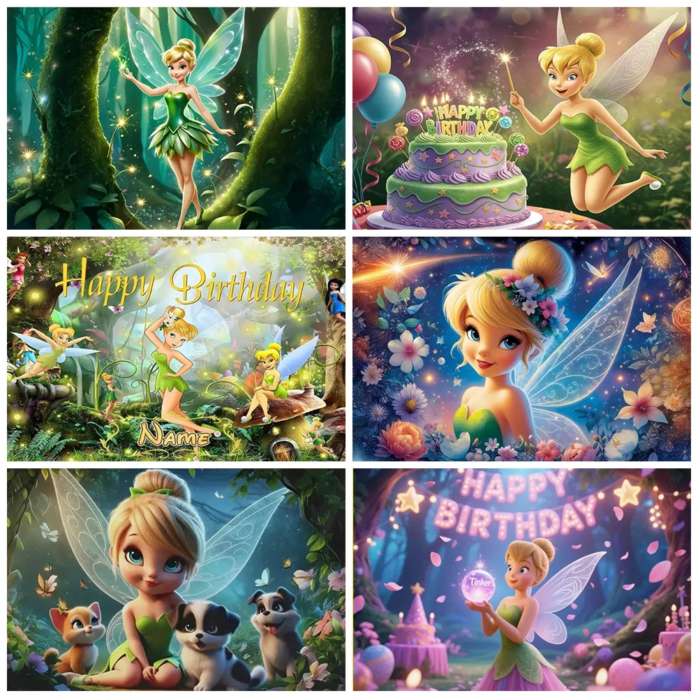 

Disney Fairy Cartoon Background Cloth Photography Tinker Bell Magic Forest Birthday Party Decoration Baby Shower Backdrop Banner