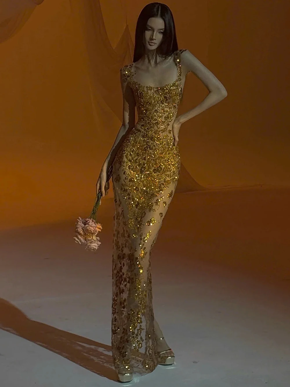 Modphy Gold Heavy Industry Bead Embroidery Slim Mesh Transparent Luxury Long Skirt Sexy Sleeveless Women'S Banquet Dress