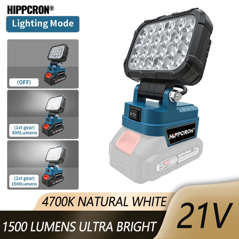 Hippcron 21V 1500 Lumens LED Work Light, Ultra Bright Portable Spotlight for Workshop Outdoor Adventures Emergency Lighting