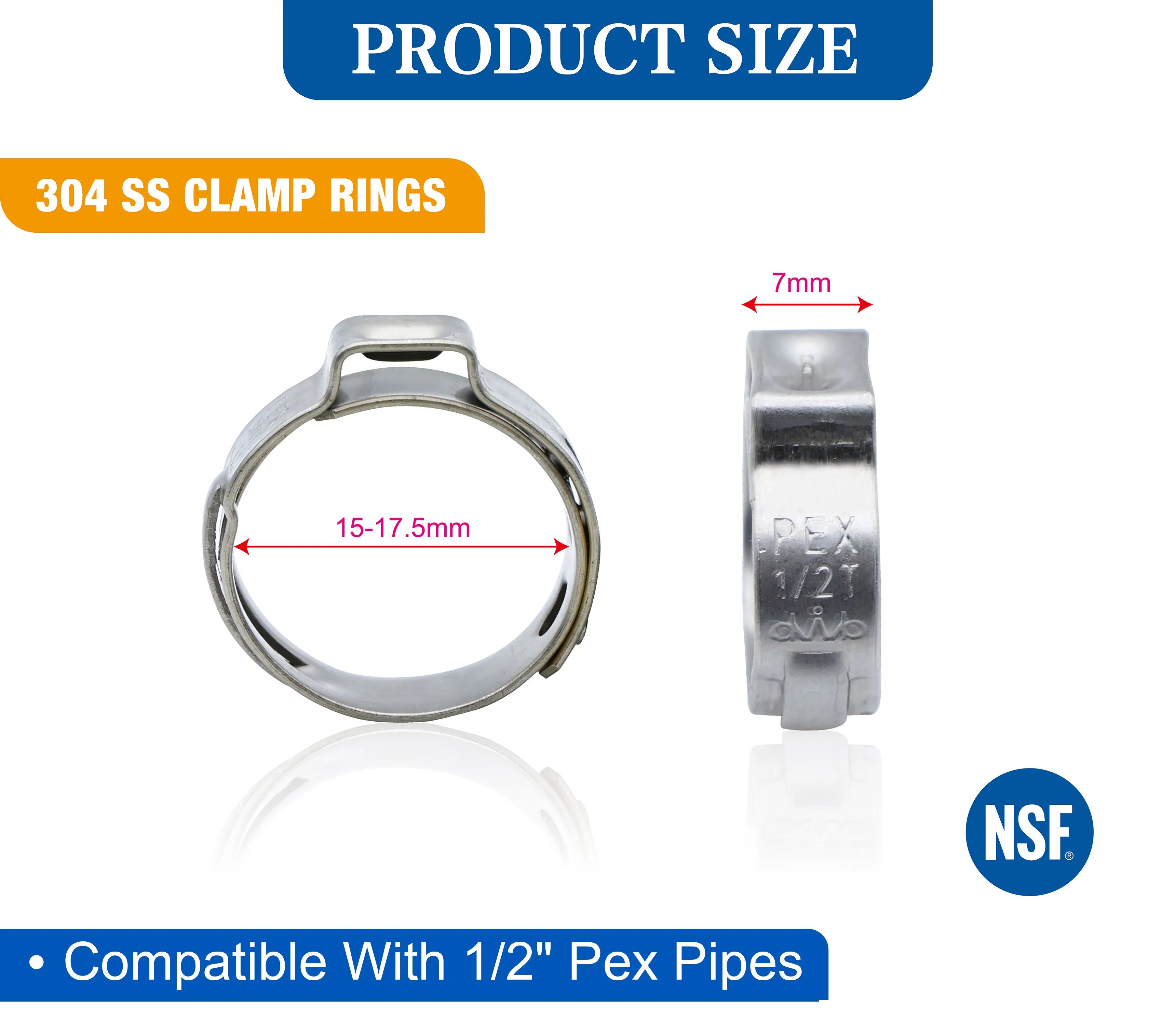 Anillos de abrazadera de acero inoxidable PEX KING SMART de 1/2