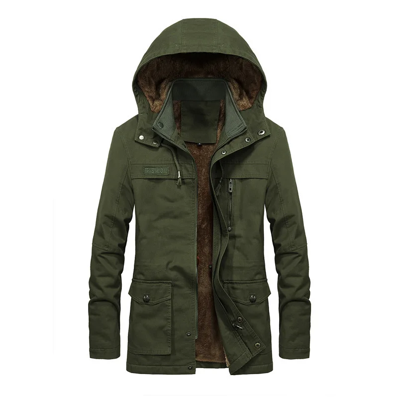 Mens Winter Parka Jackets Mens Casual Slim Large Size Long OverCoats Outdoor Thicken Fleece Warm Windproof Hooded Outwear 5XL