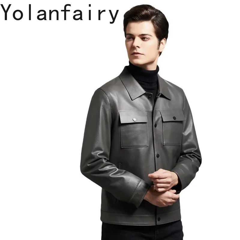 

YOLANFAIRY Genuine Leather Sheepskin Jackets Spring Autumn Motorcycle Jacket Men Korean Casual Coats Turn-down Collar Chaqueta