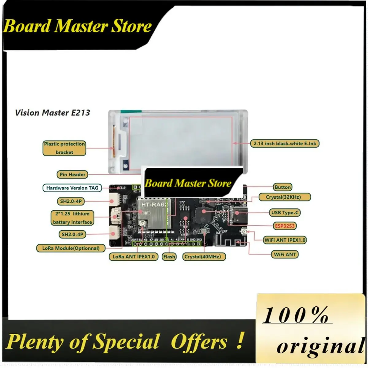 BoMaSFor Heltec Meshtastic Display LoRa ESP32 2.13 Inch E-Paper Monitor Devboard WiFi BLE With LoRa Gateway Antenna