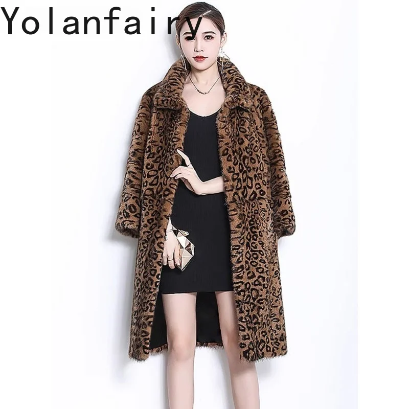 YOLANFAIRY 100% Whole Mink Real Fur Jacket Woman Winter Mid-length 95cm High Quality Natural Mink Fur Coat Leopard abrigo mujer