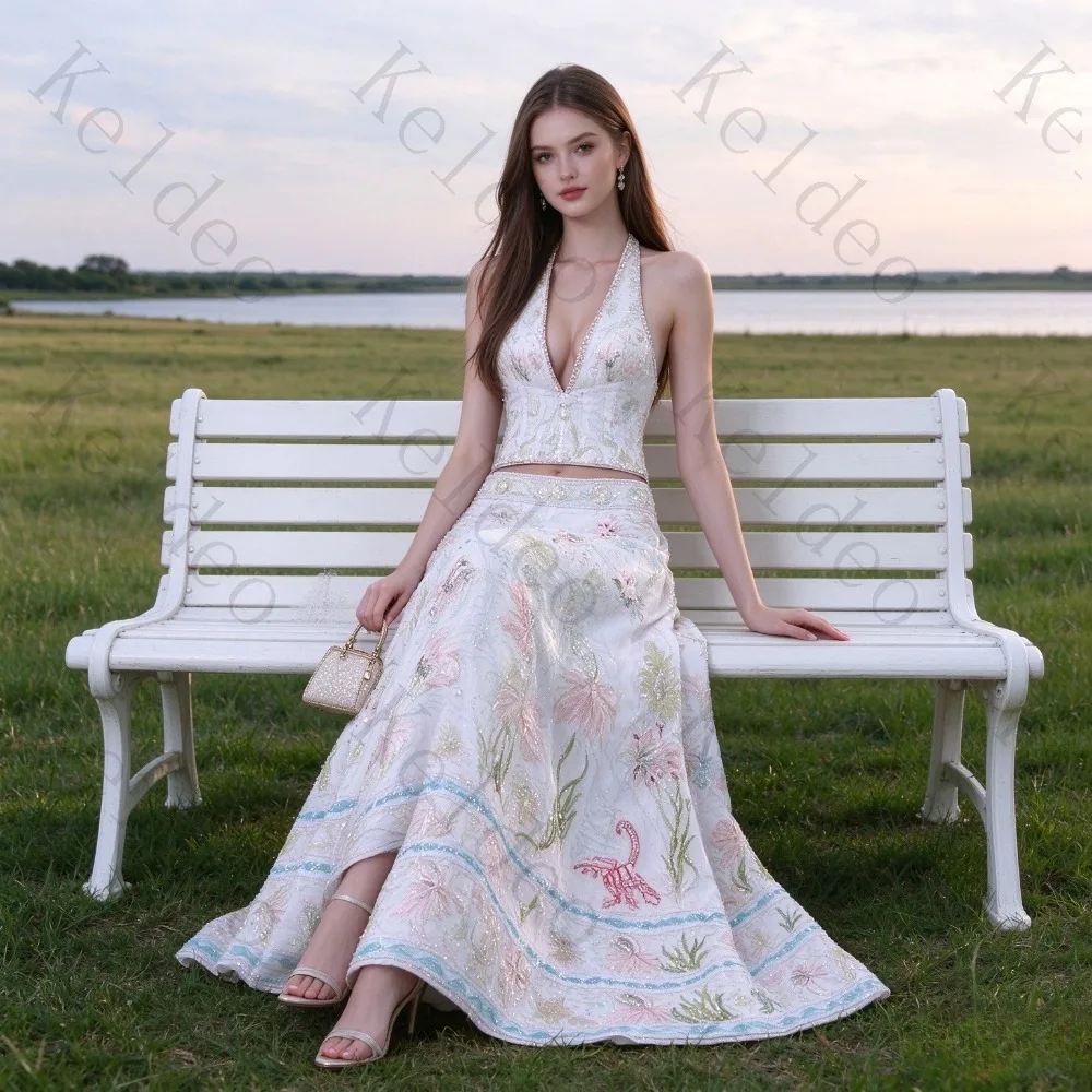 Customized Luxury Hanging Neck V-neck A-line Evening Gowns Two-piece Set Sleeveless Backless Sequin Beaded Formal Banquet Dress