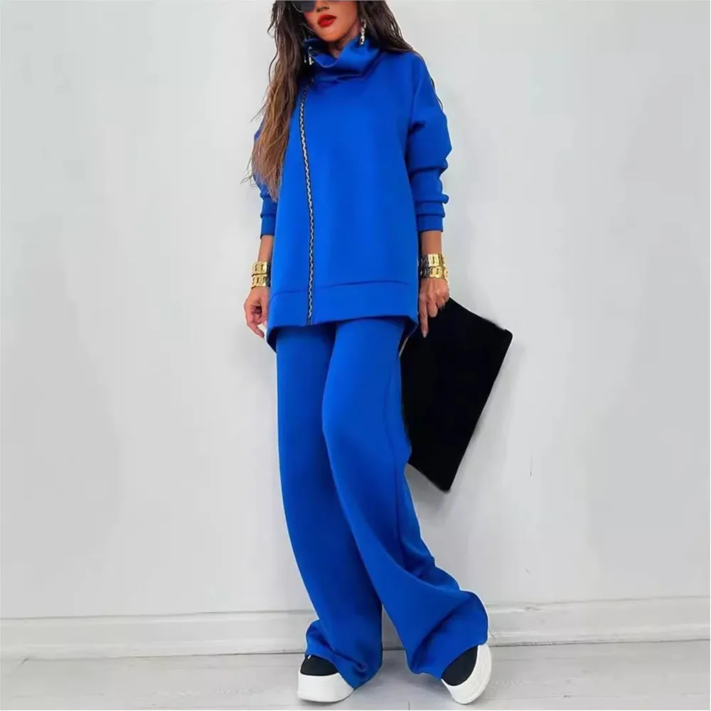 Fashion Zipper Lapel Casual Long Sleeved Hoodie Women\'s Suit Winter New Loose Wide Leg Pants Female Elegant Office 2 Piece Set