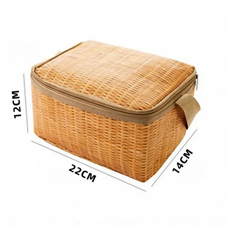 Portable Wicker Rattan Outdoor Picnic Bag Waterproof Tableware Insulated Thermal Cooler Food Container Basket for Camping Picnic