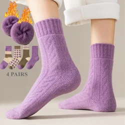 4 Pairs  Women Thick Warm Fleece Socks Cute Kawaii Winter Socks Casual Middle Tube Thermal Socks Cute Heart Purple