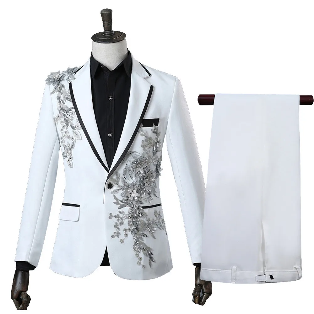 Elegant Appliqued Two-piece Men\'s Suit for Wedding Banquet Host Dance Prom Christmas Costume Men Blazer Chinese Style