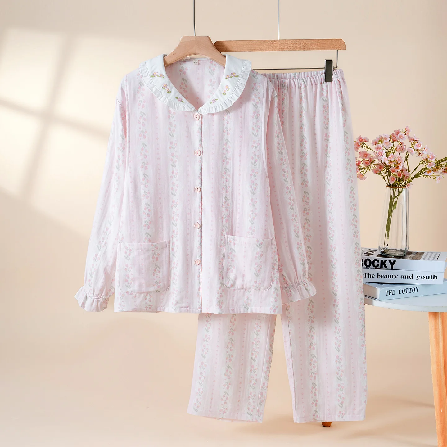 Country Style Pure Cotton Double Layer Muslin Adjustable Postpartum Clothing Home Set for Spring Summer Autumn Pregnancy Nurning