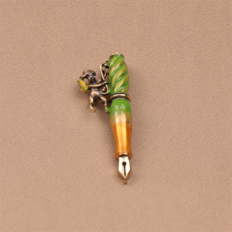 Women's Exquisite Vintage Craft Fountain Pen Shape Brooch Cherub Love Bird Pin Clothing Accessories