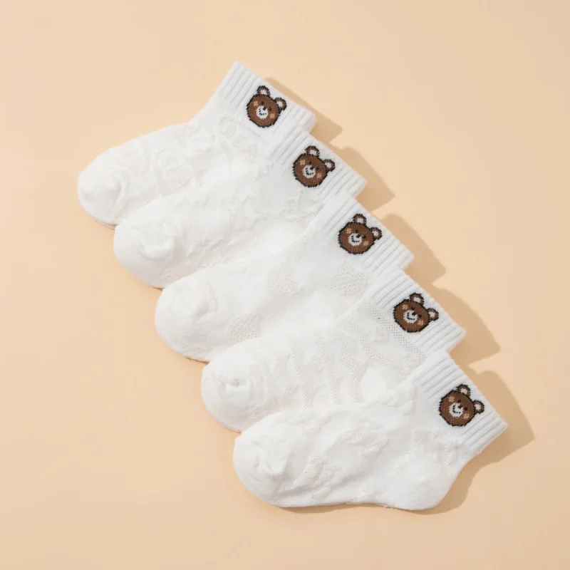 5 Pairs Summer Thin Mesh Bear Kids Socks Skin-Friendly Breathable Pure Boys & Girls Short Casual Socks Cute Student Fashion