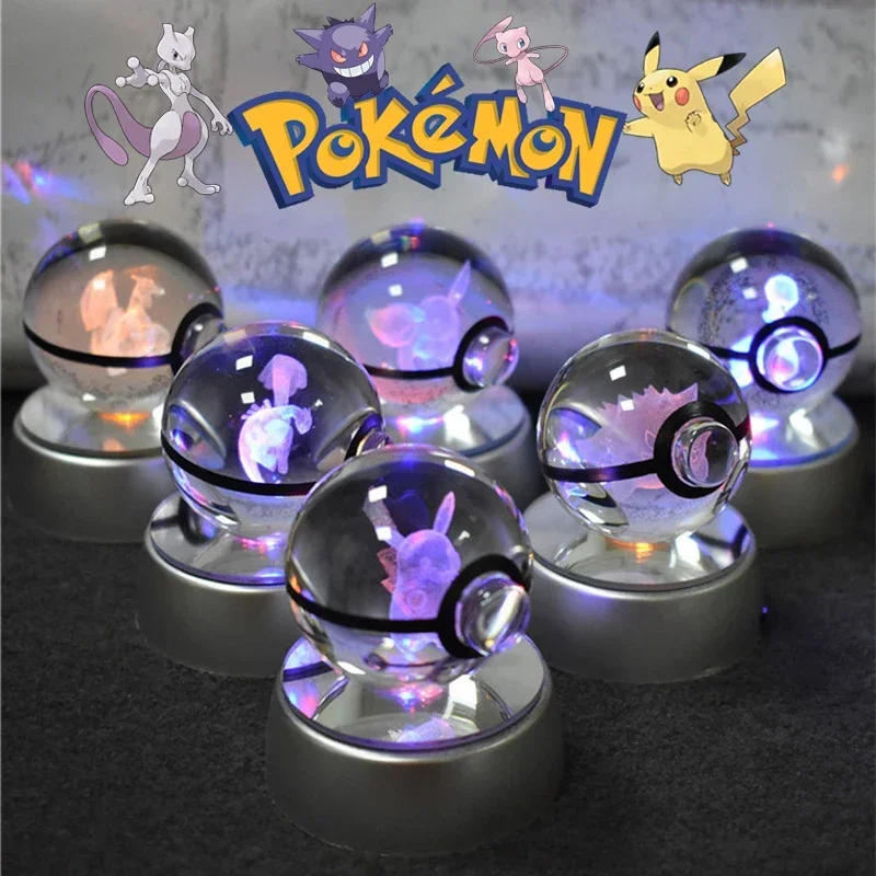 

Pokemon 3D Crystal Ball Pikachu Gengar Mew Mewtwo Figurines Lamp Base Pokeball 3D Pokemon Glass Ball Bedroom Decoration Gift