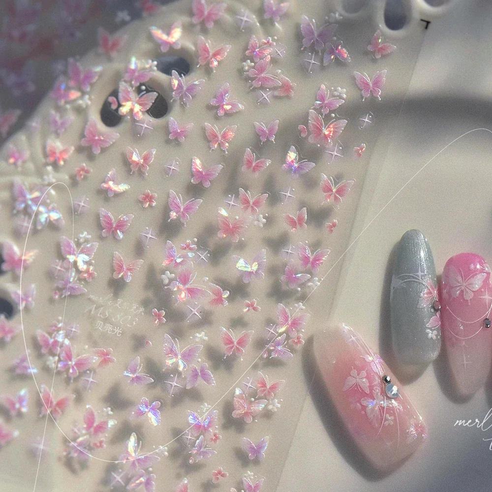 สติกเกอร์ติดเล็บลายดอกไม้ผีเสื้อสีขาวไล่ระดับสีชมพู ประดับดาวระยิบระยับ สไตล์ชิค ลายกลีบดอกไม้ 5D แบบนิ่ม ติดง่าย สำหรับตกแต่งเล็บ