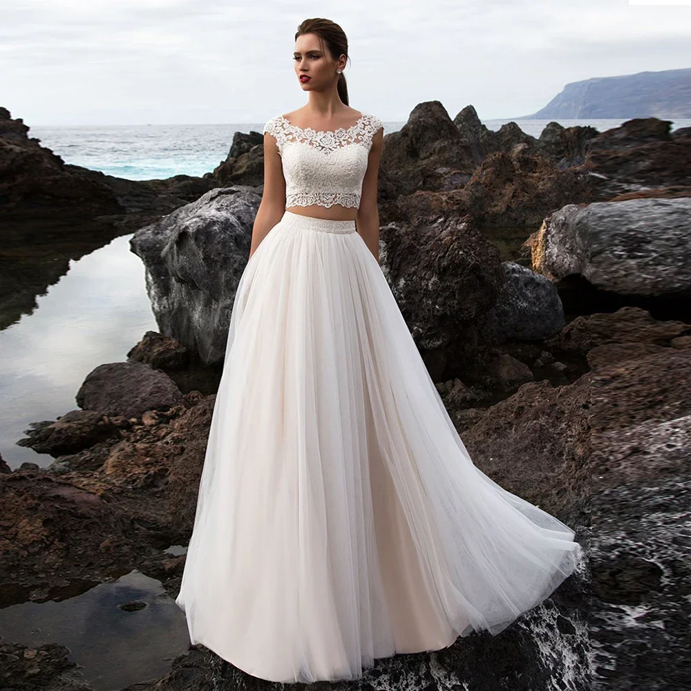 MYYBLE Two Pieces Beach Wedding Gowns Elegant Bridal Dresses Boho Champagne Cap Sleeve Illusion Vestido De Novia Vintage