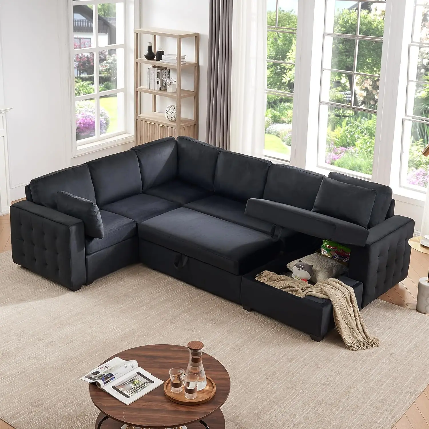 Mestyl Convertible Pull Out Sleeper Sofa Bed With Storage Chaise, Oversized U Shaped Sectional Couch Bed With 2 Pillows, Comfy