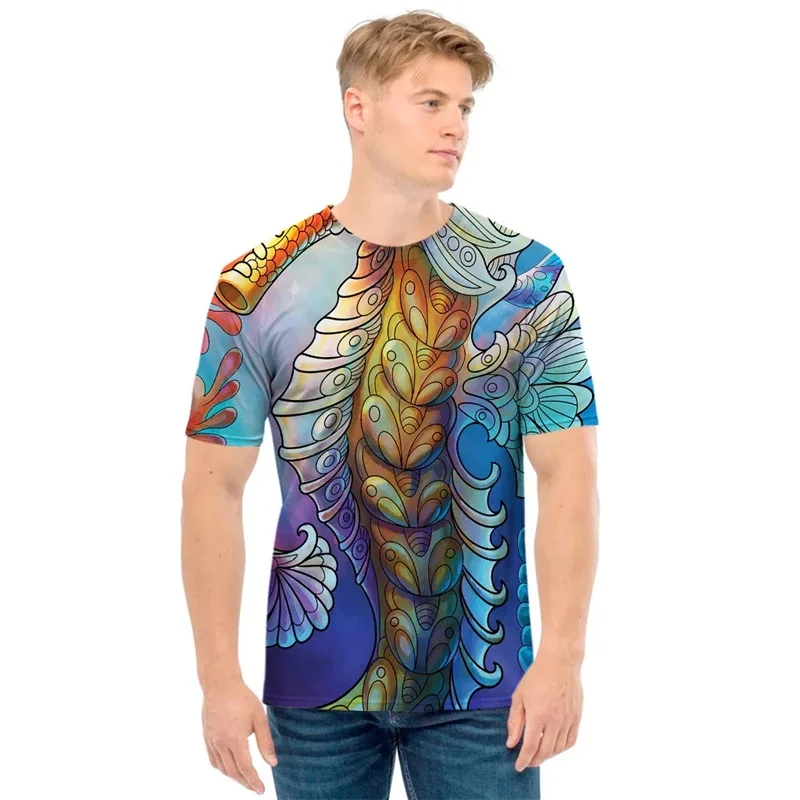 Full Print Seahorse Pattern T-shirt For Men Women Short Sleeve Funny Animal Tee Tops Summer Short Sleeve Large Size Tshirts Tops