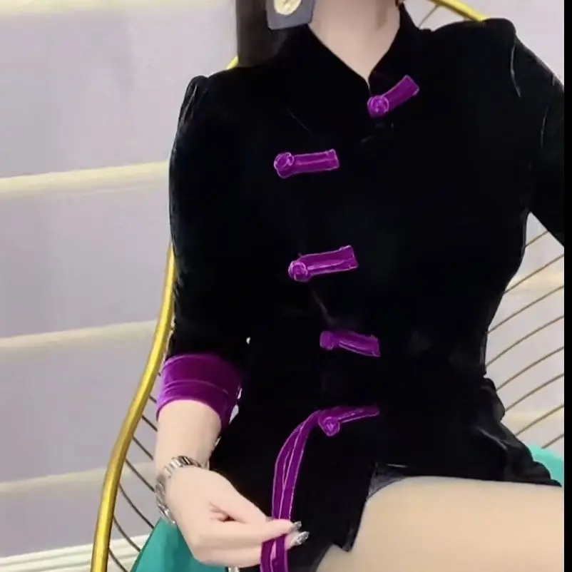 

Новинка, осенне-зимняя короткая куртка, Женская темпераментная приталенная куртка с пряжкой в китайском стиле, Модная Золотая Бархатная Куртка