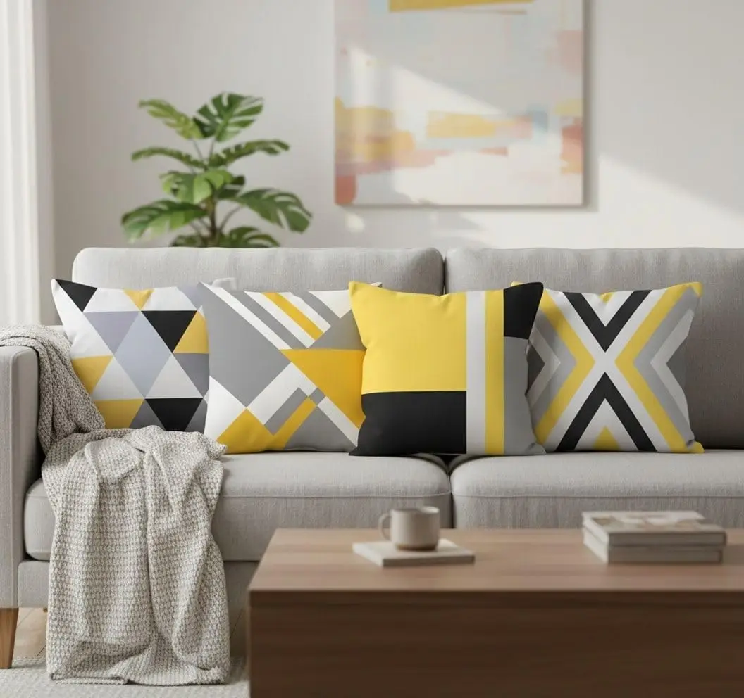 4 Pack Geometric Throw Pillow Covers Cushions Set Modern Abstract Yellow Gray Black Minimalist Polyester Decorative Home Decor A