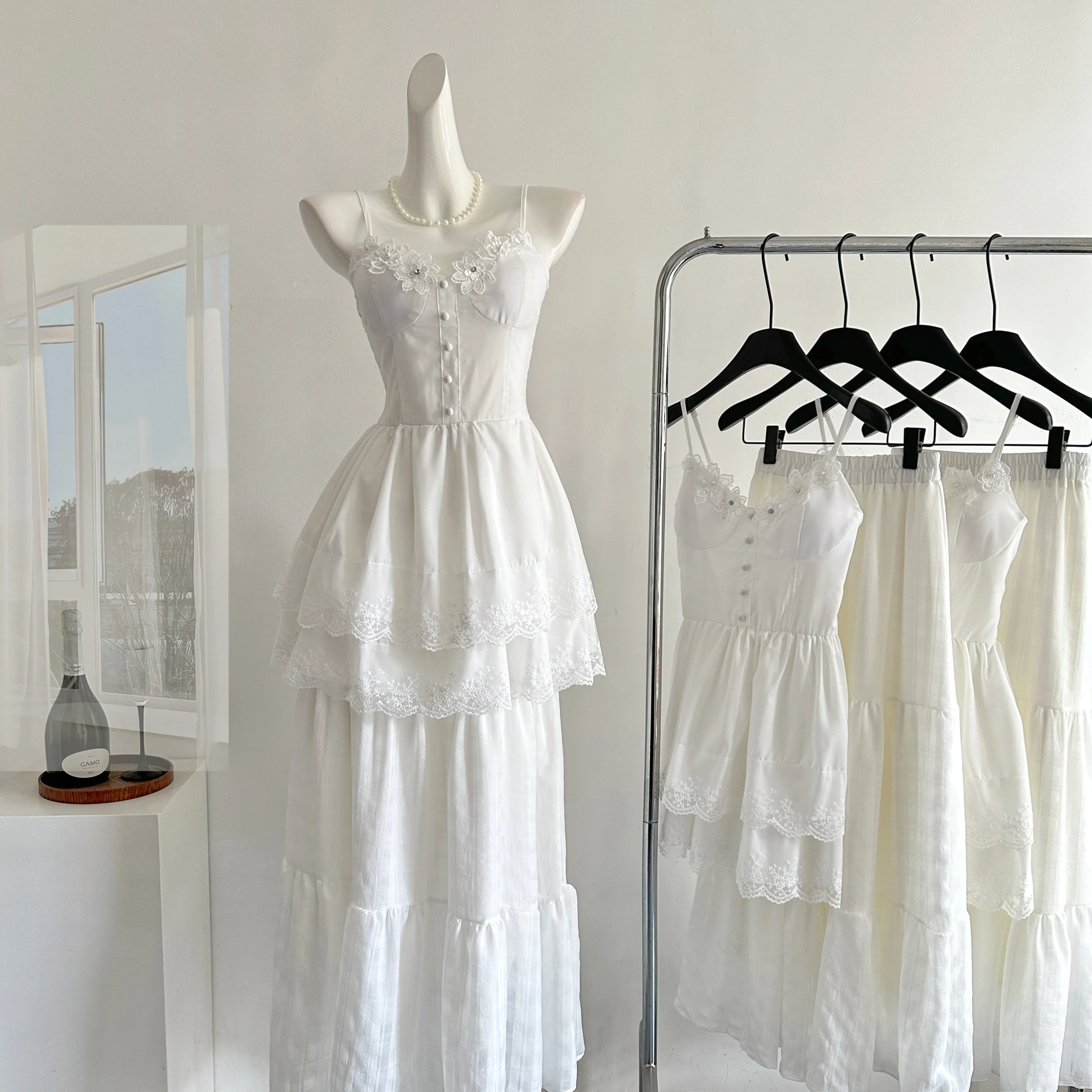 

Summer Women French Vintage Rave Birthday Vacation Mori Girl Ballet Core Outfits 2 Piece Set Camisole + Elastic Waist Midi Skirt