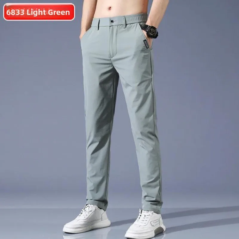 

Ice Silk Straight Leg Slim Fit Summer Lightweight Men's Casual Pants Qui Dry Versatile Elastic Trendy Korean Sle